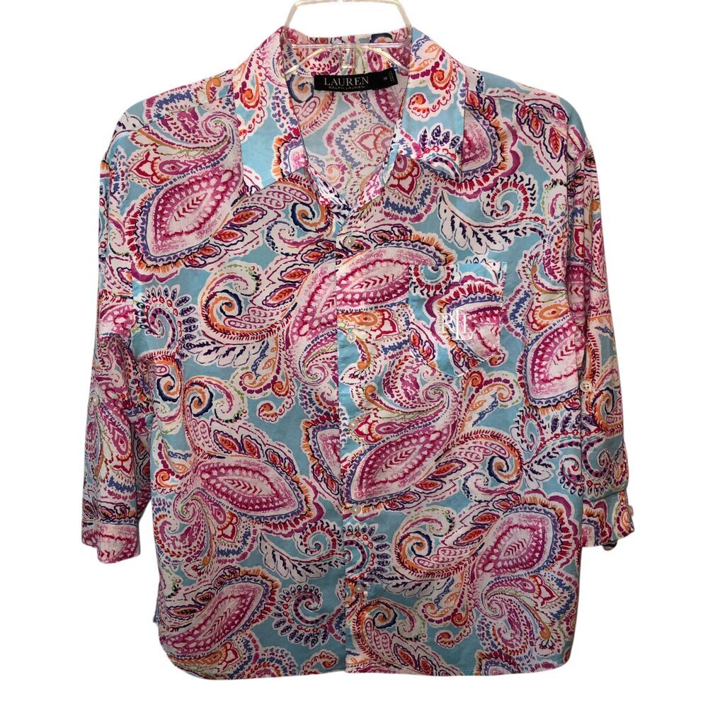 Lauren Ralph Lauren Petite Medium Paisley Pink Button Up Roll Tab Top Shirt PM